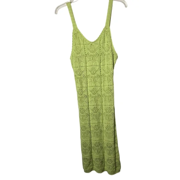 Freshman 1996 Lime Green Crochet Knit Boho V Neck Maxi Tank Dress Semi Sheer M - Picture 4 of 15